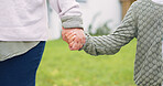 Holding hands, love and mother with child in backyard for support, security or safety on weekend. Care, comfort and mom with girl kid for connection outdoor in garden with trust together by home.