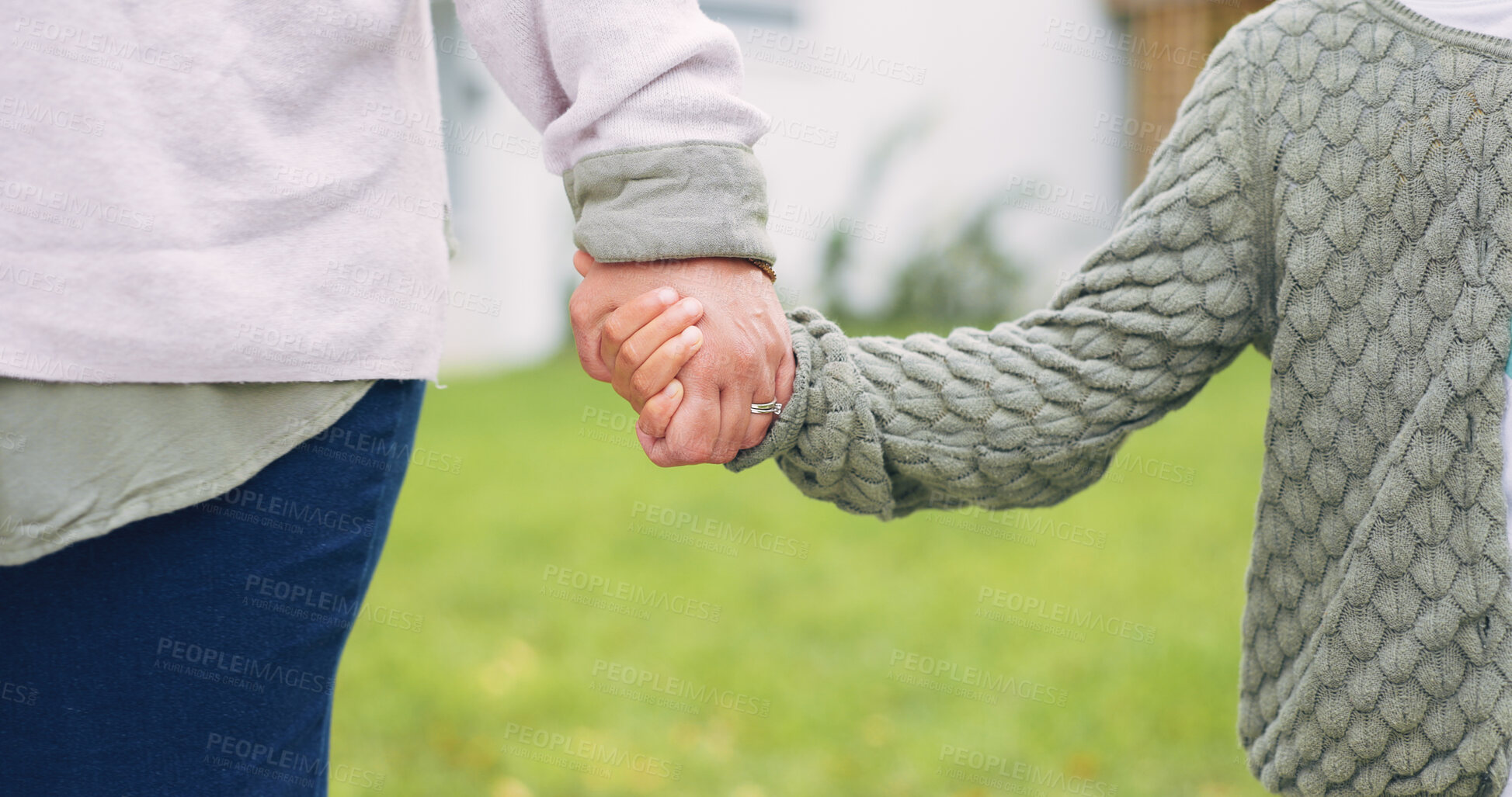 Buy stock photo Holding hands, love and mother with child in backyard for support, security or safety on weekend. Care, comfort and mom with girl kid for connection outdoor in garden with trust together by home.