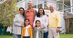 Grandparents, parents and kids in backyard with portrait for bonding, relationship and connection. Happy, family and senior generation with children outdoor for love, trust and support on weekend