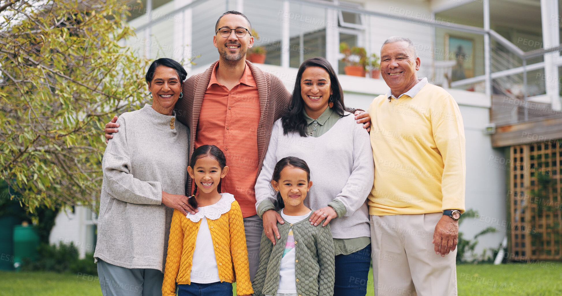 Buy stock photo Grandparents, parents and kids in backyard with portrait for bonding, relationship and connection. Happy, family and senior generation with children outdoor for love, trust and support on weekend