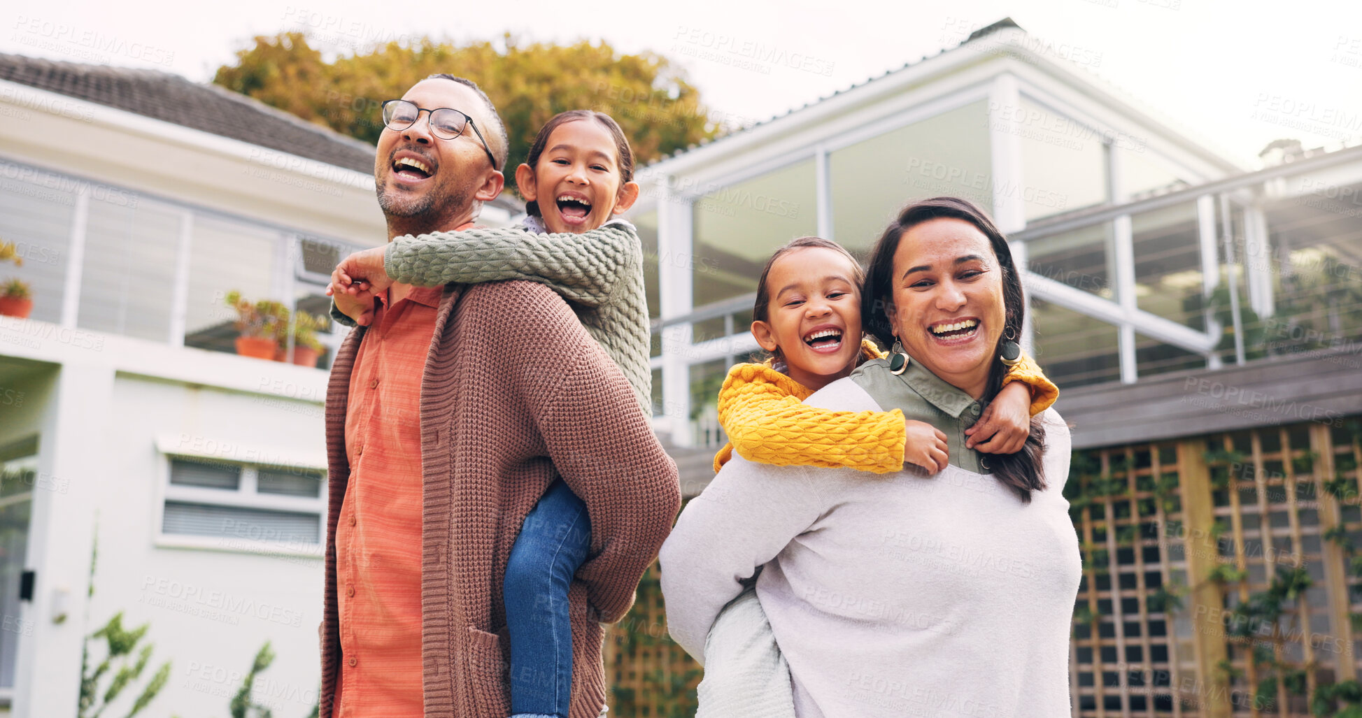 Buy stock photo Piggyback, parents and portrait of children in backyard excited for new house, bonding and relocation. Happy, family and neighborhood with mom, dad and kids outdoor for love, trust and mortgage