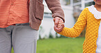Holding hands, love and father with child in backyard for support, security or safety on weekend. Care, comfort and dad with girl kid for connection outdoor in garden with trust together by home.