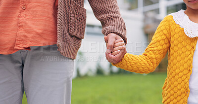 Buy stock photo Holding hands, love and father with child in backyard for support, security or safety on weekend. Care, comfort and dad with girl kid for connection outdoor in garden with trust together by home.