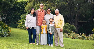 Buy stock photo Grandparents, parents and kids in nature with portrait for bonding, relationship and connection. Happy, family and senior generation with children in park for love, trust or laugh together on weekend