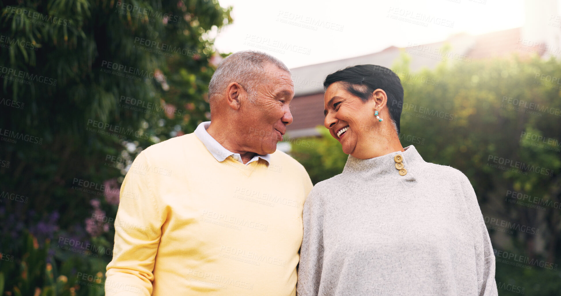 Buy stock photo Smile, love and care with old couple outdoor for connection, retirement and bonding together. Happy, marriage partner and commitment with senior man and woman in backyard of home for relationship