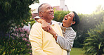 Laugh, love and care with old couple outdoor for connection, retirement and bonding together. Joke, marriage partner and commitment with senior man and woman in backyard of home for relationship