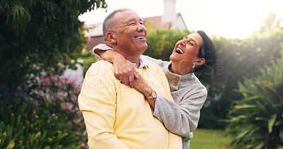 Buy stock photo Laugh, love and care with old couple outdoor for connection, retirement and bonding together. Joke, marriage partner and commitment with senior man and woman in backyard of home for relationship