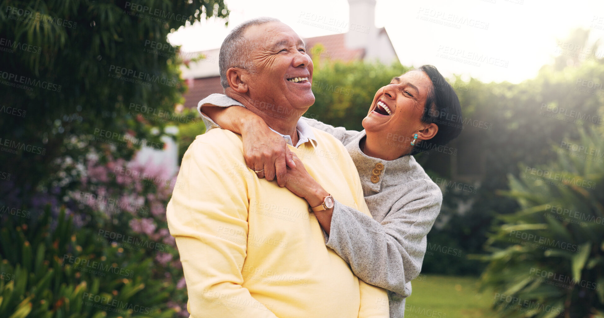 Buy stock photo Laugh, love and care with old couple outdoor for connection, retirement and bonding together. Joke, marriage partner and commitment with senior man and woman in backyard of home for relationship