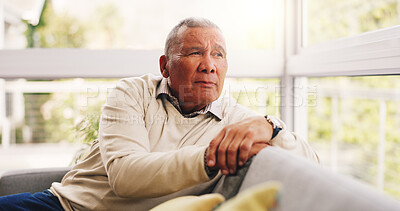 Buy stock photo Thinking, sad and senior man at house with vision, daydreaming and remember memory. Thoughts, elderly person and window with reflection, emotional expression and nostalgia for retirement loneliness