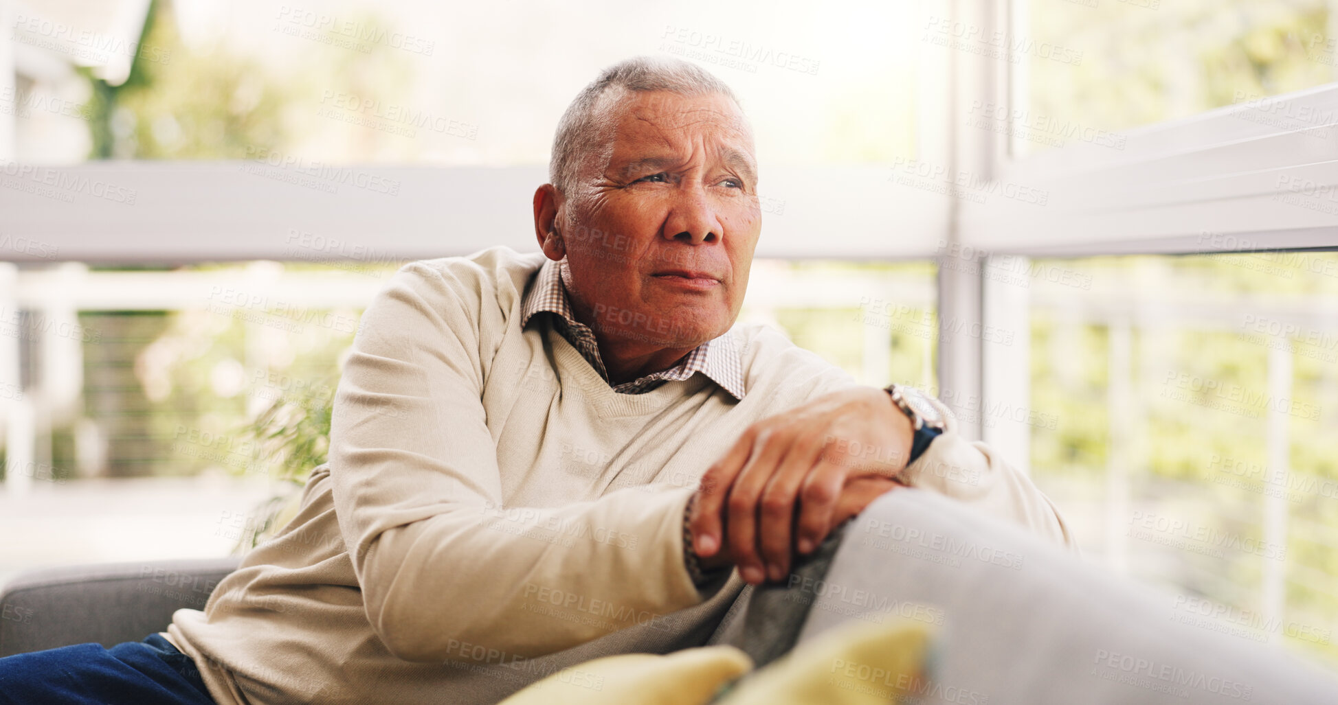 Buy stock photo Thinking, sad and senior man at house with vision, daydreaming and remember memory. Thoughts, elderly person and window with reflection, emotional expression and nostalgia for retirement loneliness