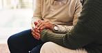 Holding hands, love and support with old couple in home for empathy, connection and trust. Marriage commitment, kindness and loyalty with senior man and woman in house for solidarity and compassion