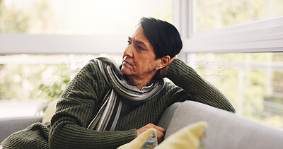 Buy stock photo Thinking, woman and relax on sofa at house with vision, daydreaming and remember memory. Thoughts, mature person and rest with reflection, emotional expression and nostalgia for loneliness in lounge
