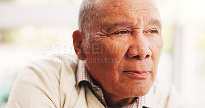 Buy stock photo Thinking, senior man and relax in home with vision, daydreaming and remember memory. Thoughts, elderly person and morning with reflection, emotional expression and nostalgia for retirement loneliness