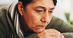 Thinking, sad and senior woman at house with vision, daydreaming and remember memory. Thoughts, elderly person and sorrow with reflection, emotional expression and nostalgia for retirement loneliness