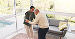 Dance, support and cane with old couple in home for anniversary, bonding and help. Marriage celebration, walking stick and holding hands with senior man and woman in living room of apartment