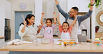 Excited, family and baking with children in kitchen, cheering and learn culinary skills with parents. Teaching, kids and celebration for dessert preparation, development or people with smile in house
