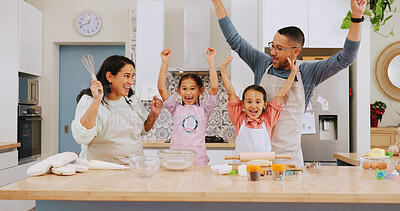 Buy stock photo Excited, family and baking with children in kitchen, cheering and learn culinary skills with parents. Teaching, kids and celebration for dessert preparation, development or people with smile in house