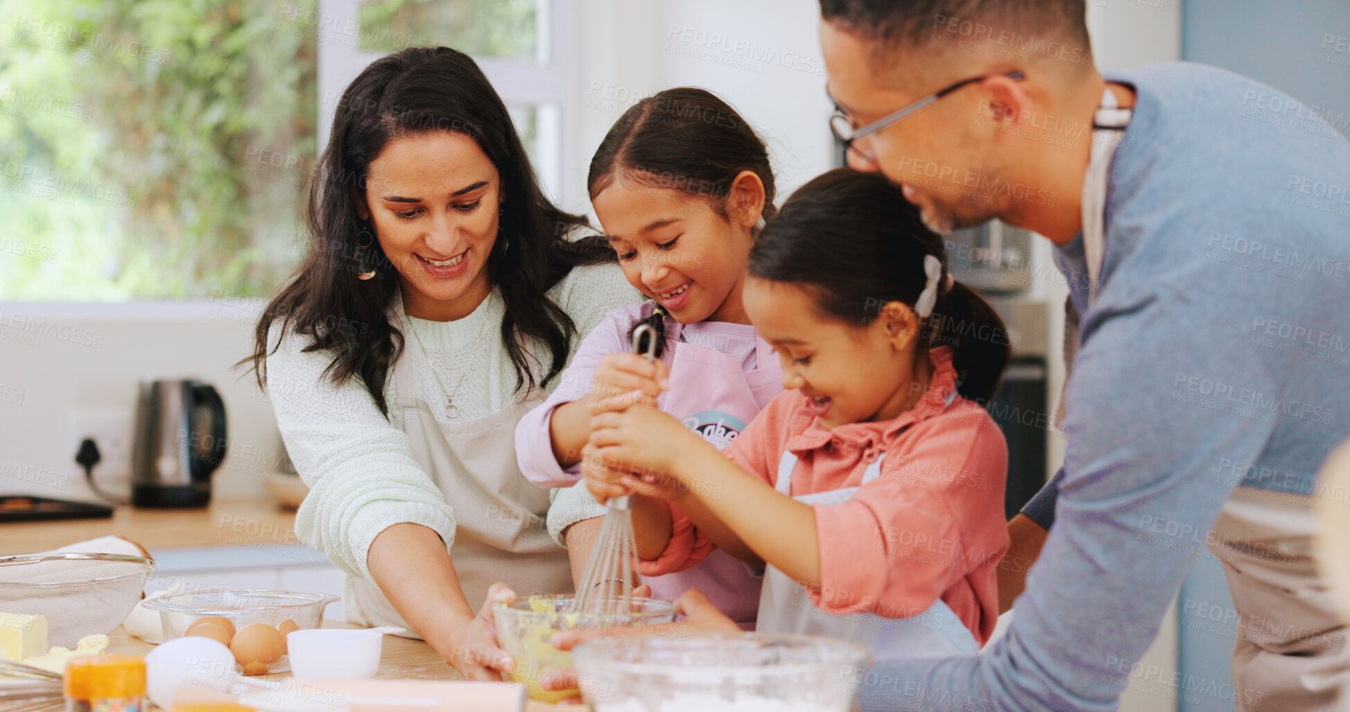 Buy stock photo Family, recipe and baking with children in kitchen, growth and learning culinary skills with parents. Teaching, kids and help with dessert preparation, development and people with ingredients in home