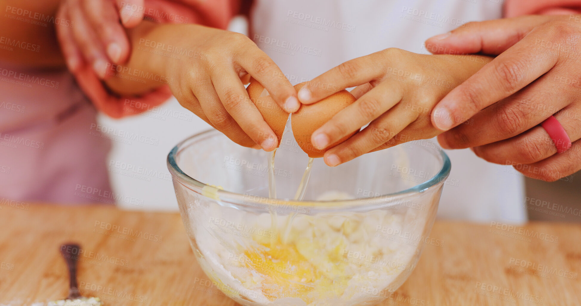 Buy stock photo Baking, egg and hands of child with parent in kitchen for learning, help and bonding with dessert. Family, together and person with kid with ingredients, food and bowl for dough, sweet treat or cake