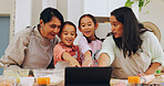 Family, tablet and baking with children in kitchen, growth and learn culinary skills on social media. Happy, grandma and mom with tech for dessert preparation, home and search for recipe with kids