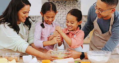 Buy stock photo Family, help and baking with children in kitchen, development and learn culinary skills with parents. Teaching, kids and recipe for dessert preparation, growth and people with ingredients in house