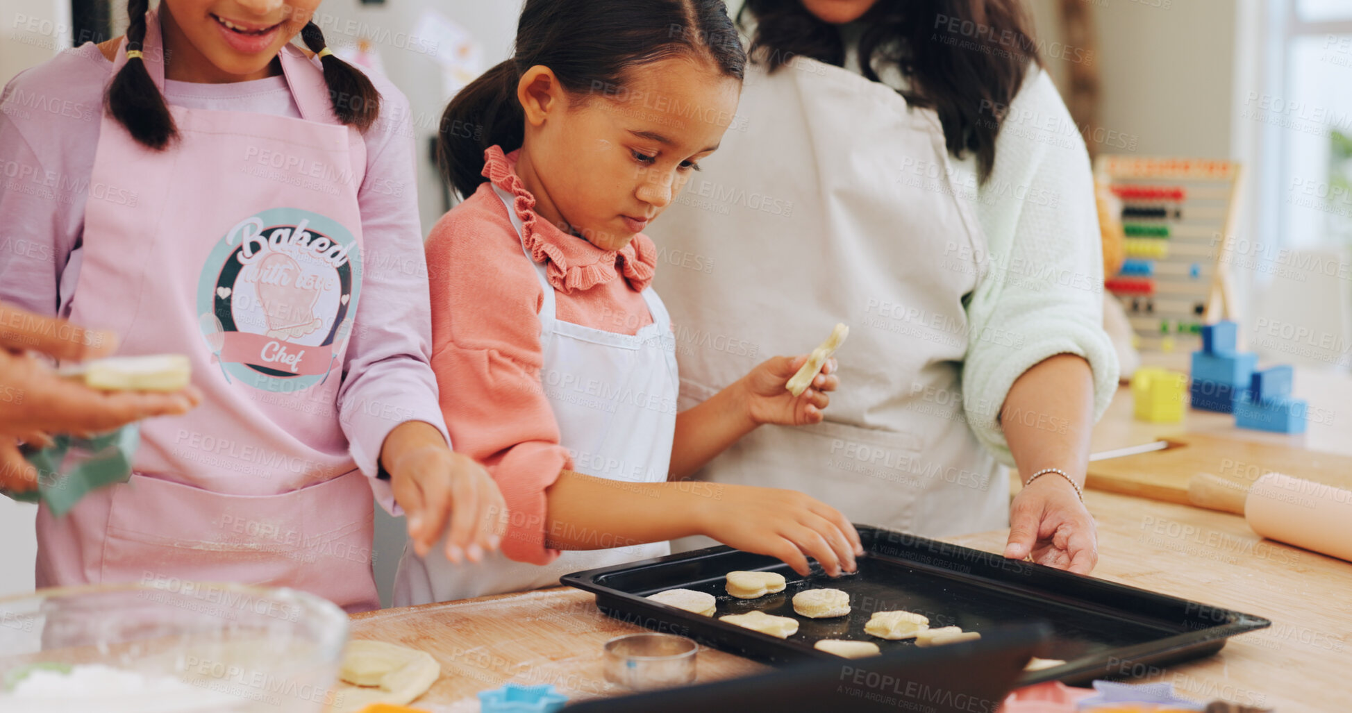 Buy stock photo Family, learn and baking with children in kitchen, growth and culinary skills for cookie preparation. Teaching, kids and help with recipe, development and people with ingredients for dessert in house