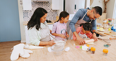 Buy stock photo Family, baking and teaching children in home, development and learning culinary skills with parents. Happy, dad and dessert preparation with kids, growth and people with dough for recipe in kitchen