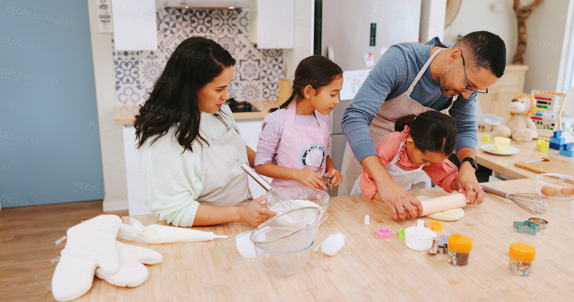 Buy stock photo Family, baking and teaching children in home, development and learning culinary skills with parents. Happy, dad and dessert preparation with kids, growth and people with dough for recipe in kitchen