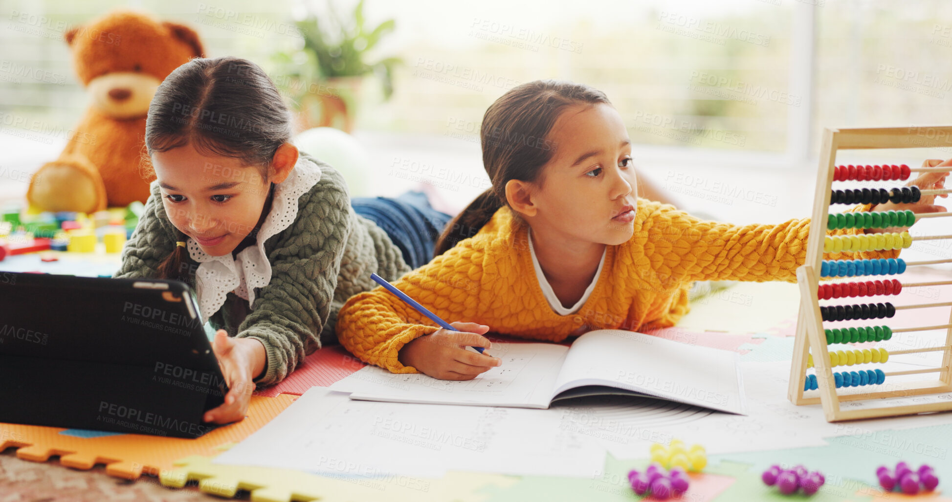 Buy stock photo Abacus, tablet and learning with children in home for math assessment, studying or digital lesson. Online course, education app and student project with kids on floor of house for research and growth