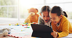 Smile, tablet and learning with children in home for math assessment, studying or digital lesson. Online course, education app and student project with kids on floor of house for research and growth