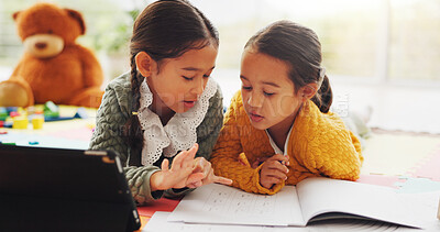 Buy stock photo Homework, tablet and learning with children in home for math assessment, studying or digital lesson. Online course, education app and students with kids on floor of house for research and growth