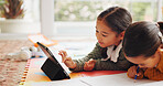 Scroll, tablet and learning with children in home for math assessment, studying or digital lesson. Online course, education app and student project with kids on floor of house for research and growth
