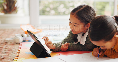 Buy stock photo Scroll, tablet and learning with children in home for math assessment, studying or digital lesson. Online course, education app and student project with kids on floor of house for research and growth