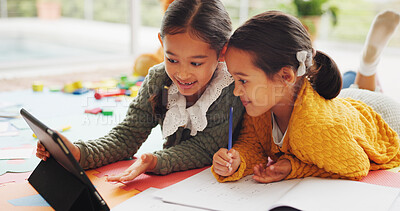 Buy stock photo Help, tablet and learning with children in home for math assessment, studying or digital lesson. Online course, education app and student project with kids on floor of house for research and growth