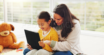 Buy stock photo Happy, home and child with mom on tablet for educational games, online streaming and watching videos. Family, weekend and girl on digital tech for elearning app, internet and bonding with mother