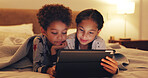 Tablet, relax and children on bed in home with watching movie, film or series on app on weekend together. Happy, digital technology and kid siblings streaming show online in bedroom at house.