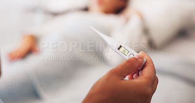 Buy stock photo Sick, thermometer and hands of parent with child to check symptoms for cold, fever and infection. Family, temperature and person with kid for concern and worry with illness, disease or virus in home