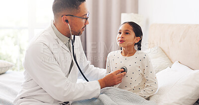 Buy stock photo Sick, stethoscope and doctor with child in bed to check for diagnosis, chest infection and disease. Family, pediatrician and person with girl listen to breath for virus, illness and health in home