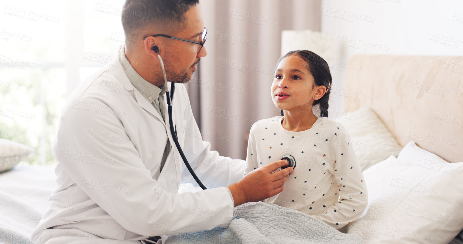 Buy stock photo Sick, stethoscope and doctor with child in bed to check for diagnosis, chest infection and disease. Family, pediatrician and person with girl listen to breath for virus, illness and health in home