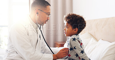Buy stock photo Sick, stethoscope and doctor with child in bedroom to check diagnosis, chest infection and disease. Family, pediatrician and person with boy listen to breath for virus, illness and health in home