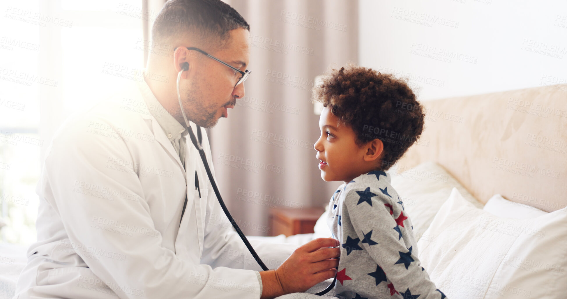 Buy stock photo Sick, stethoscope and doctor with child in bedroom to check diagnosis, chest infection and disease. Family, pediatrician and person with boy listen to breath for virus, illness and health in home