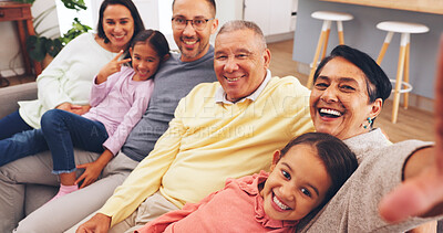 Buy stock photo Selfie, happy and portrait of big family on sofa in home for bonding, relax and connection together. Smile, love and children with grandparents and parents for photography picture in living room.