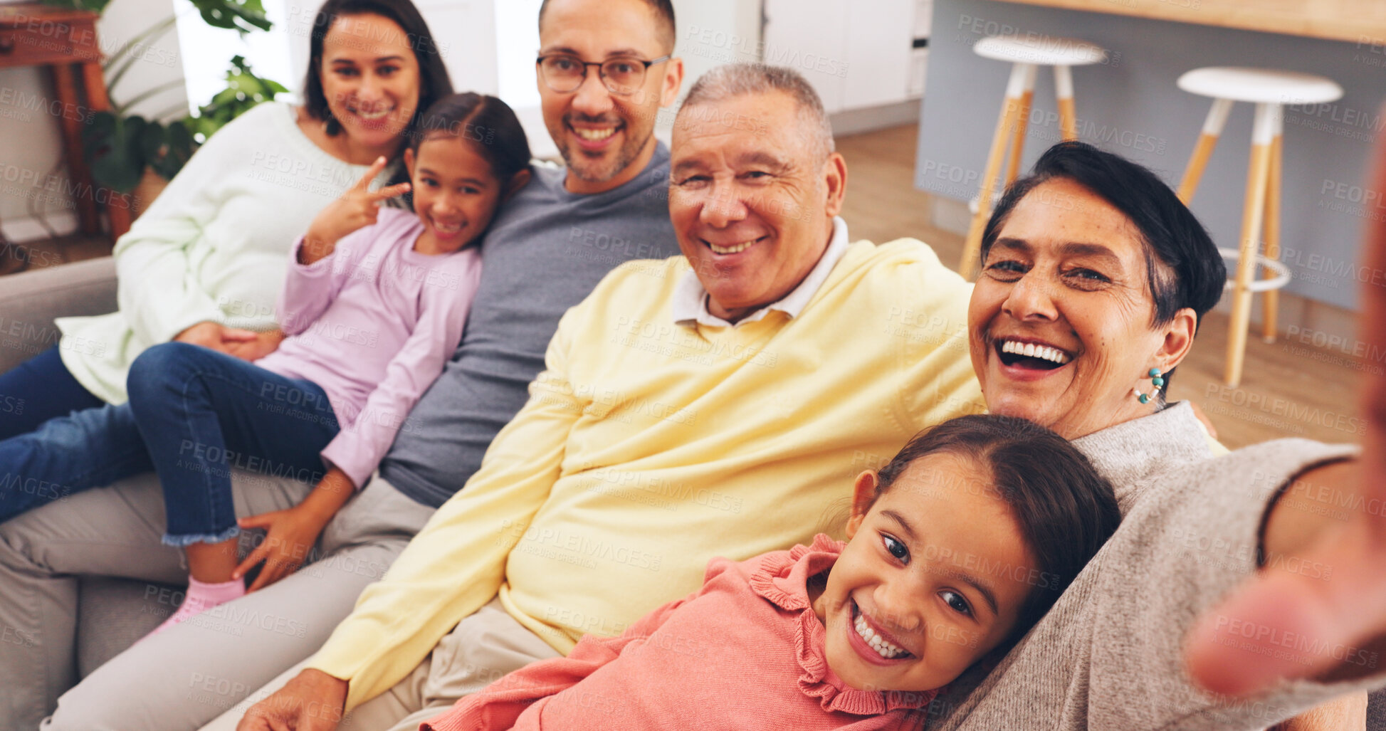 Buy stock photo Selfie, happy and portrait of big family on sofa in home for bonding, relax and connection together. Smile, love and children with grandparents and parents for photography picture in living room.