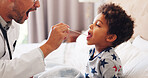 Sick, mouth and doctor with child in bedroom to check for diagnosis, viral infection and disease. Family, pediatrician and man with boy with checkup for virus, illness and health in home appointment