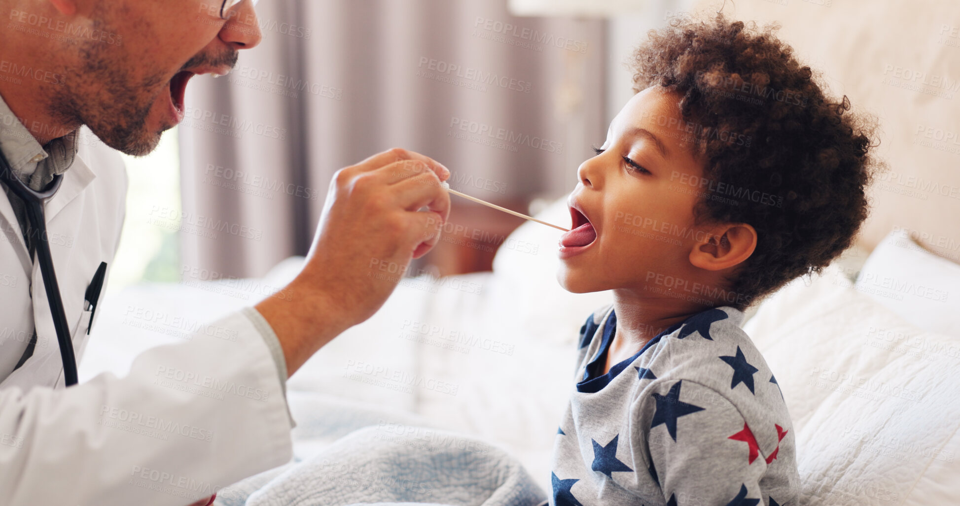 Buy stock photo Sick, mouth and doctor with child in bedroom to check for diagnosis, viral infection and disease. Family, pediatrician and man with boy with checkup for virus, illness and health in home appointment