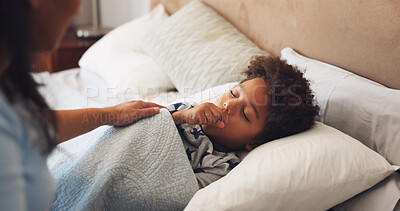 Buy stock photo Sick, cough and mom with child in bed to check symptoms for cold, fever and chest infection. Family, home and mother with kid for care, concern and worry with illness, disease and virus in bedroom