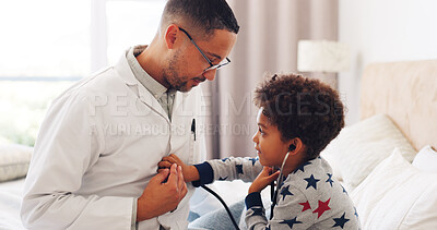 Buy stock photo Playful, stethoscope and doctor with child in bedroom for diagnosis, chest infection and consulting. Happy, pediatrician and person with boy listening for virus, illness or health in home appointment
