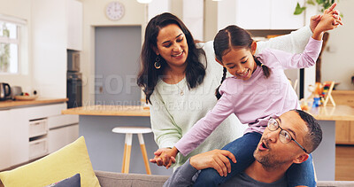 Buy stock photo Parents, smile and airplane for child in home, family and play with daughter on weekend and bonding. Happy people, together and fun with girl on break, mom and game with kid or love in living room