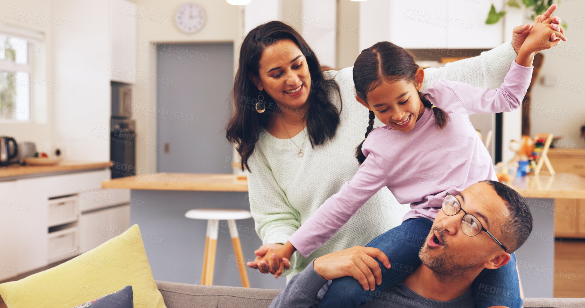Buy stock photo Parents, smile and airplane for child in home, family and play with daughter on weekend and bonding. Happy people, together and fun with girl on break, mom and game with kid or love in living room