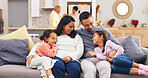 Happy, relax and portrait of family on sofa in home with bonding, connection or love on weekend. Smile, care and children with parents in living room together for talking and laughing in house.